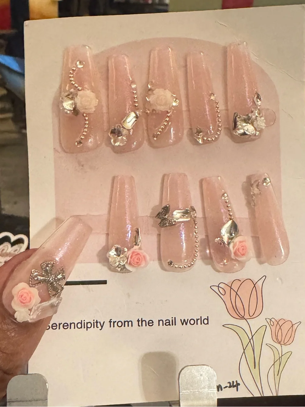 Press-On Nails Set - Blush Pink Floral Rhinestone Accented (Long Coffin) - Picture 1 of 4